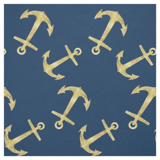 Nautical Navy Blue Gold Glitter Anchor Pattern Fabric