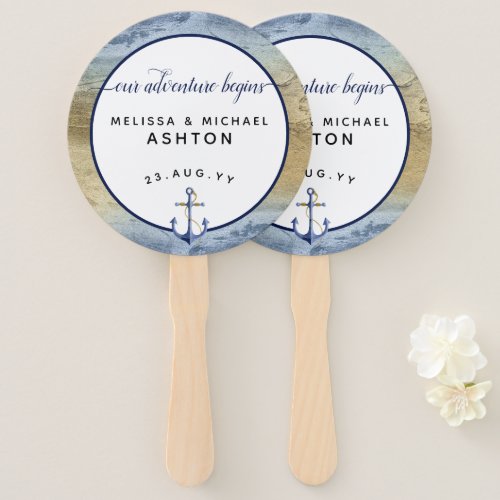 Nautical Navy Blue Gold Modern Script Wedding Hand Fan