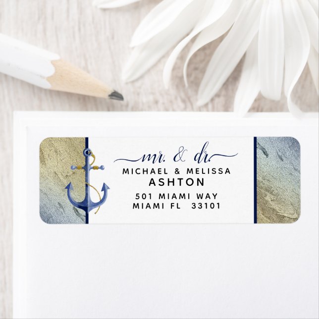 #Nautical Navy Blue Gold Modern Script Wedding Label (Insitu)