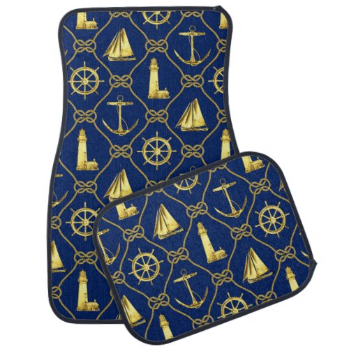 Nautical Navy Blue Gold Rope Anchor Lighthouse Car Floor Mat