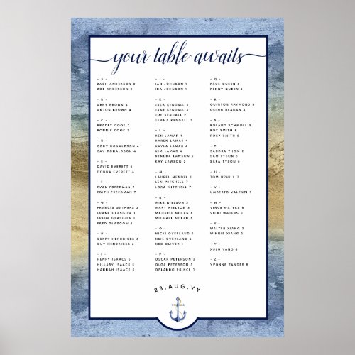 Nautical Navy Blue  Gold Seating Chart