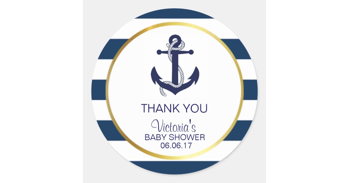 Nautical Navy Blue Gold Stripes Anchor Baby Shower Classic Round