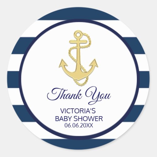 Nautical Navy Blue Gold Stripes Anchor Baby Shower Classic Round Sticker