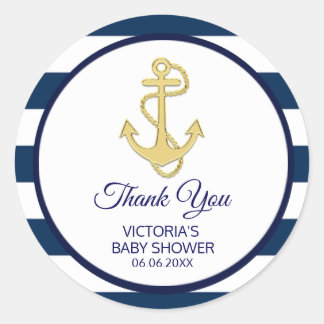 Nautical Navy Blue Gold Stripes Anchor Baby Shower Classic Round Sticker