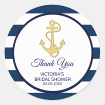 Nautical Navy Blue Gold Stripes  BRIDAL Shower Classic Round Sticker