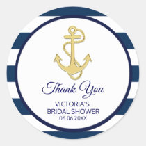 Nautical Navy Blue Gold Stripes  BRIDAL Shower Classic Round Sticker