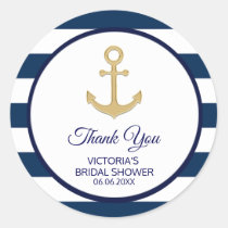 Nautical Navy Blue Gold Stripes  BRIDAL Shower Classic Round Sticker