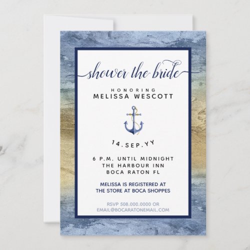 Nautical Navy Blue  Gold Watercolor Bridal Shower Invitation