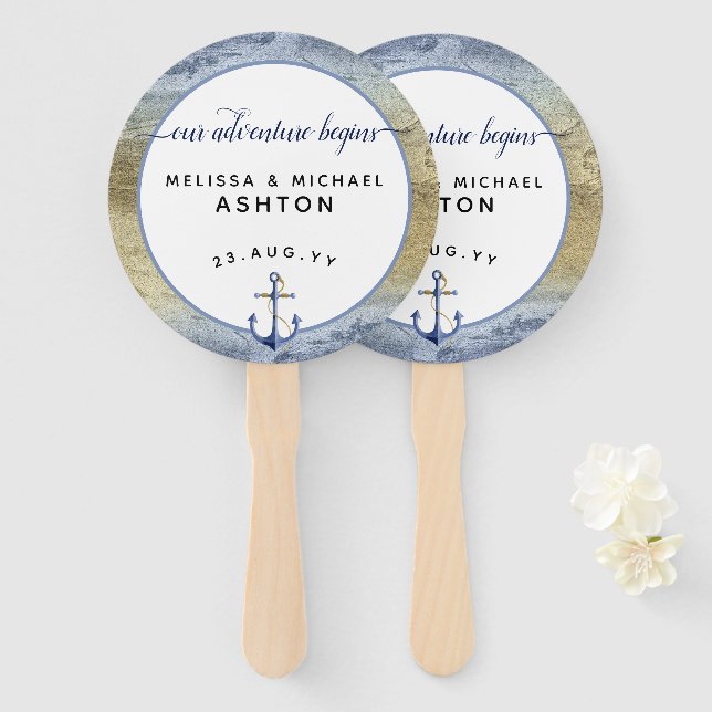 #Nautical Navy Blue Gold Watercolor Event Wedding Hand Fan (Front and Back)