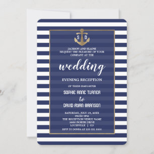Nautical Navy Blue Gold Wedding Evening Reception Invitation
