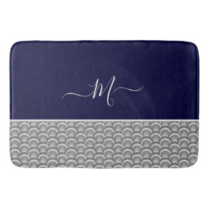 Nautical Navy Blue Gray Seashell Monogram initial  Bath Mat