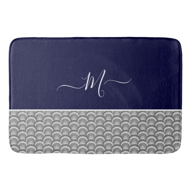 Nautical Navy Blue Gray Seashell Monogram initial  Bath Mat (Front)