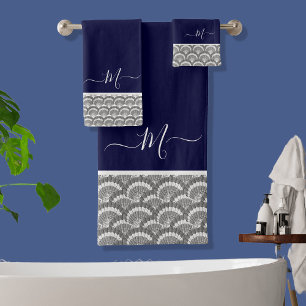 Nautical Navy Blue Gray Seashell Monogram initial Bath Towel Set