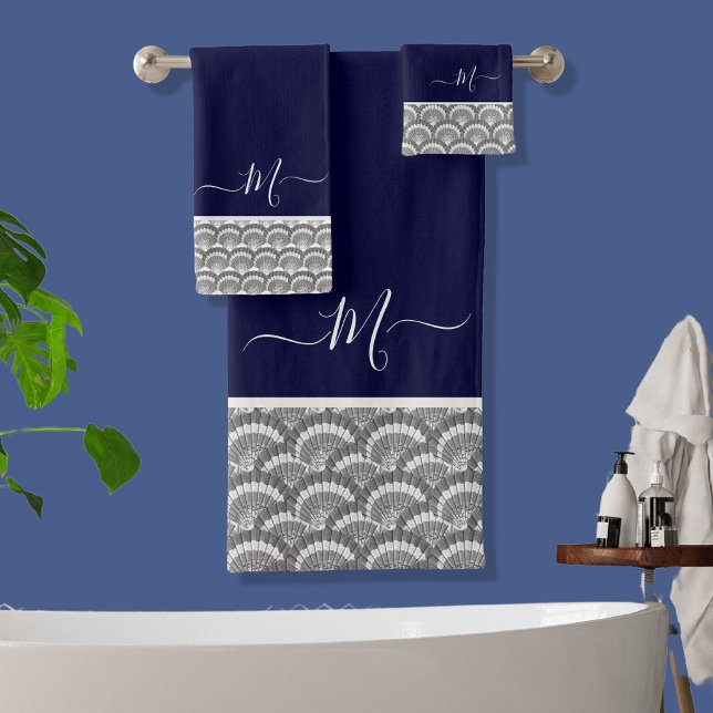 Nautical Navy Blue Gray Seashell Monogram initial Bath Towel Set (Creator Uploaded)