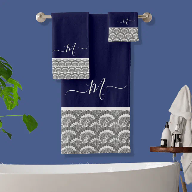 Nautical Navy Blue Gray Seashell Monogram initial Bath Towel Set | Zazzle