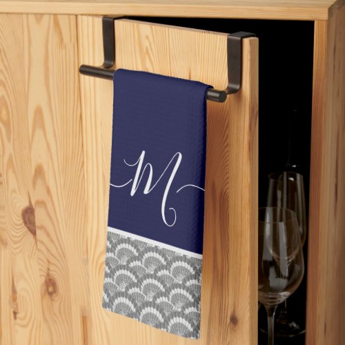 Nautical Navy Blue Gray Seashell Monogram initial  Kitchen Towel