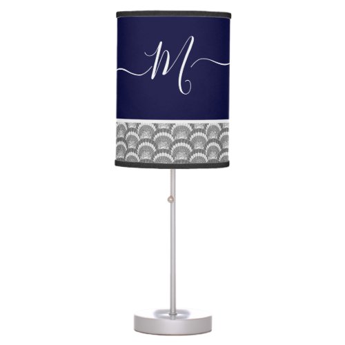 Nautical Navy Blue Gray Seashell Monogram initial  Table Lamp