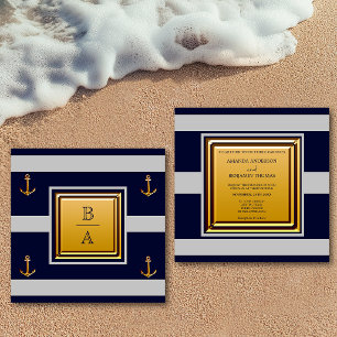 Nautical Navy Blue Gray Stripes Anchor Wedding Inv Invitation