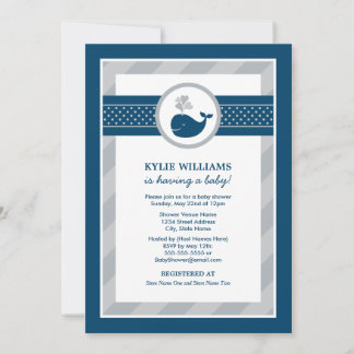 Nautical Navy Blue Gray Whale Boy Baby Shower Invitation
