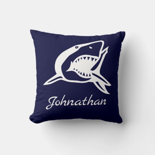 Nautical Navy Blue  Great White shark  Name Ocean Throw Pillow