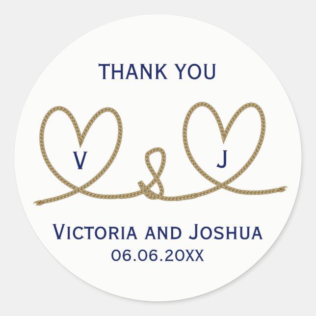 Nautical Navy Blue Hearts Rope Cord Wedding Classic Round Sticker (Front)