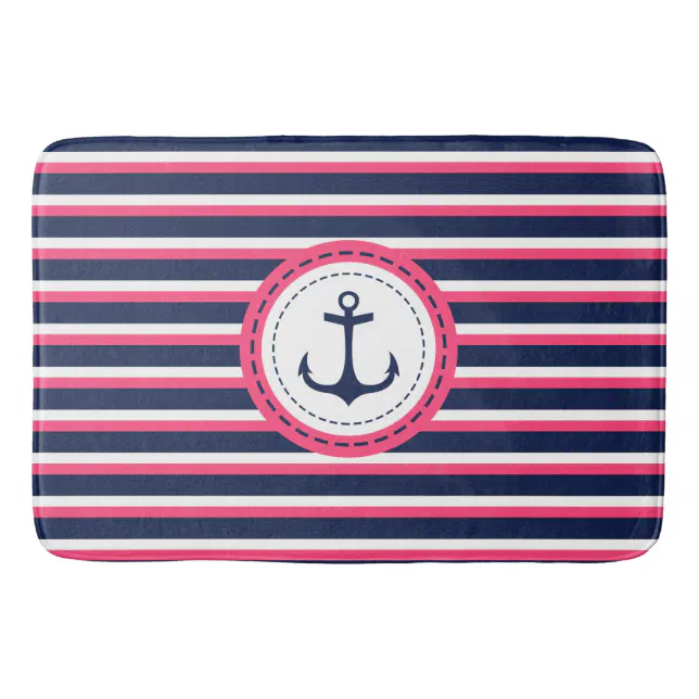 Nautical Navy Blue Hot Pink Stripes Anchor Design Bathroom Mat Zazzle