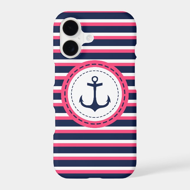 Nautical Navy Blue Hot Pink Stripes Anchor Design Case-Mate iPhone Case (Back)