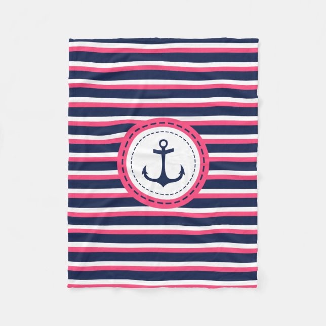Nautical Navy Blue Hot Pink Stripes Anchor Design Fleece Blanket (Front)
