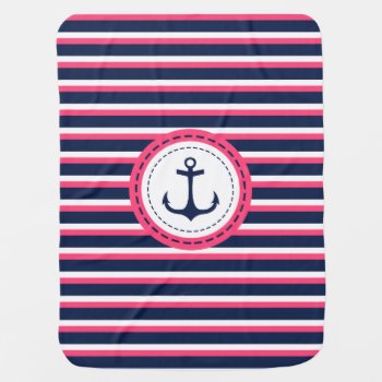 Nautical Navy Blue Hot Pink Stripes Anchor Design Stroller Blanket by VintageDesignsShop at Zazzle
