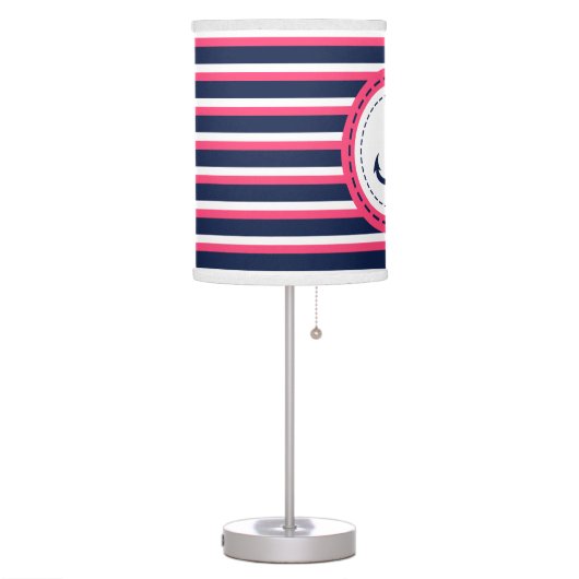 Nautical Navy Blue Hot Pink Stripes Anchor Design Table Lamp (Left)