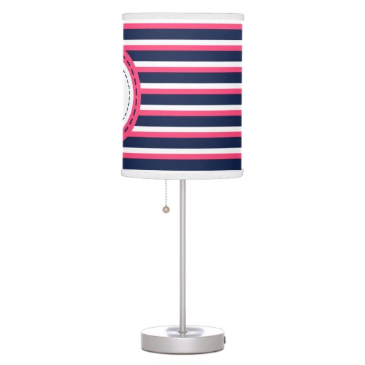 Nautical Navy Blue Hot Pink Stripes Anchor Design Table Lamp (Right)