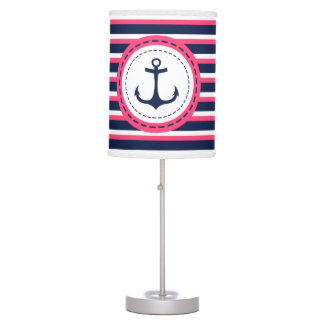 Nautical Navy Blue Hot Pink Stripes Anchor Design Table Lamp