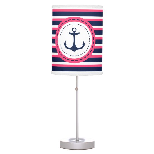 Nautical Navy Blue Hot Pink Stripes Anchor Design Table Lamp (Front)