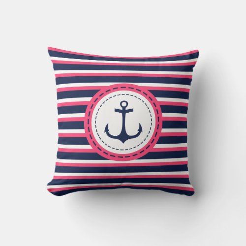 Nautical Navy Blue Hot Pink Stripes Anchor Design Throw Pillow