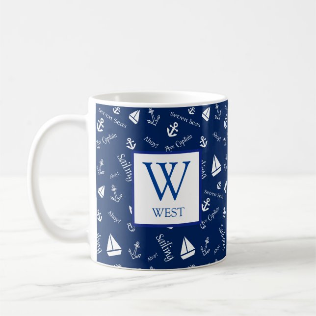 Nautical Navy Blue Initial Coffee Mug (Left)