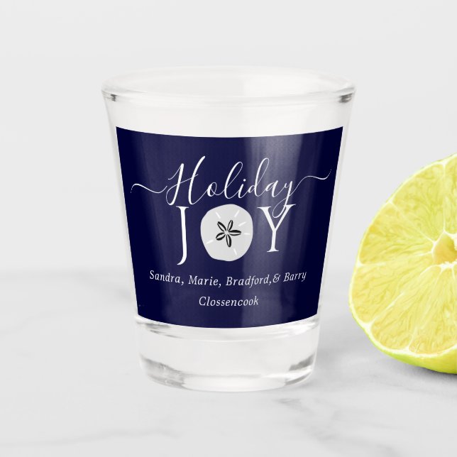 Nautical Navy Blue Joy Sand dollar Christmas Shot  Glass (Front)