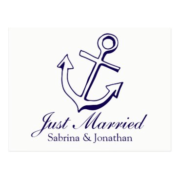 Nautical Navy Blue Just Married Ship Anchor Beach Postcard Nautical Navy Blue Just Married Ship Anchor Beach Postcard