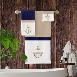  Nautical Navy Blue Khaki  White Anchor Monogram Bath Towel Set