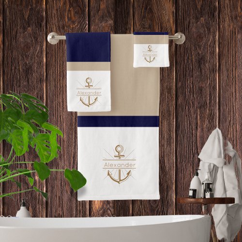  Nautical Navy Blue Khaki  White Anchor Monogram Bath Towel Set