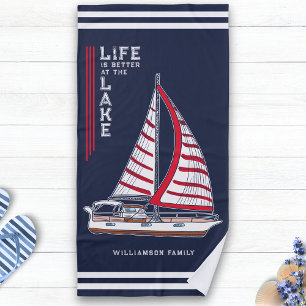 Nautical Navy Blue Life is Better at the Lake Beach Towel