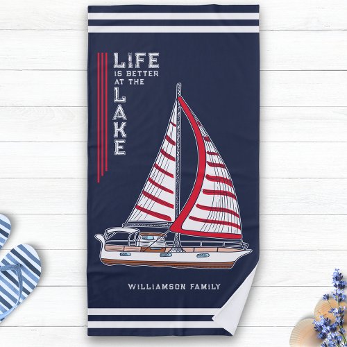 Nautical Navy Blue Life is Better at the Lake Beach Towel