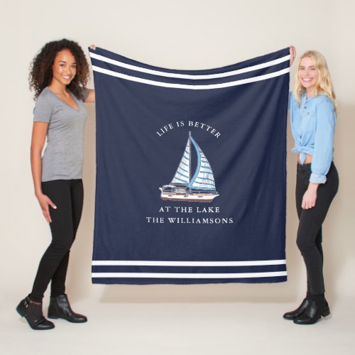 Nautical Navy Blue Life is Better at the Lake Fleece Blanket