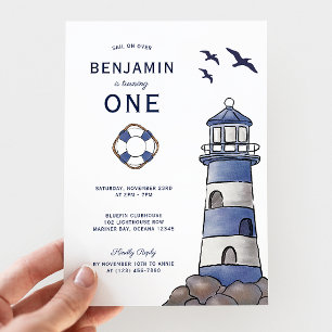 Nautical Navy Blue Lighthouse Costal 1st Birthday Invitation