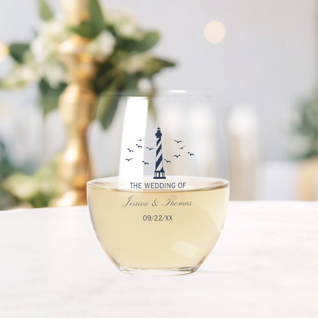 Nautical Navy Blue Lighthouse Wedding Stemless Wine Glass (Insitu (Wedding))