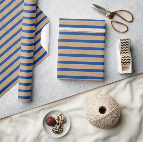 Nautical Navy Blue Lines Faux Rustic Brown Kraft Wrapping Paper