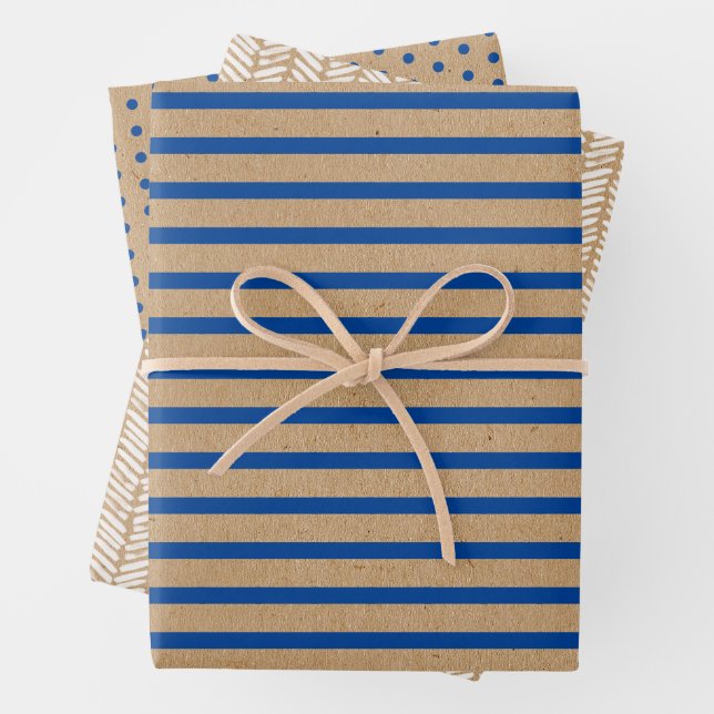 Nautical Navy Blue Lines Faux Rustic Brown Kraft Wrapping Paper Sheets (In situ)