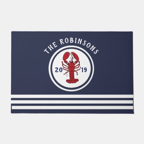 Nautical Navy Blue Lobster Family Name Doormat