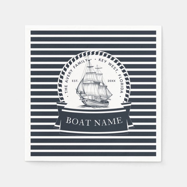 Nautical Navy Blue Modern Personalized Napkins (Front)