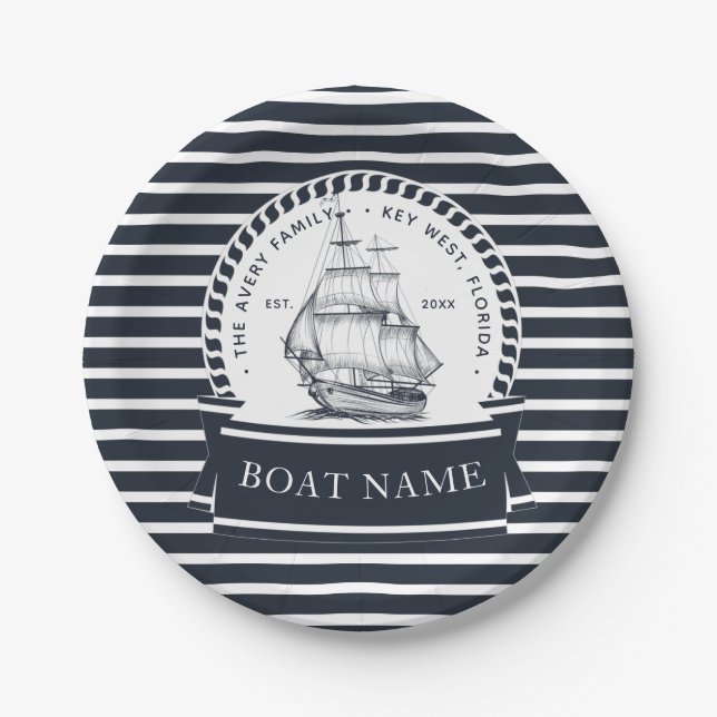 Nautical Navy Blue Modern Personalized Paper Plates (Front)