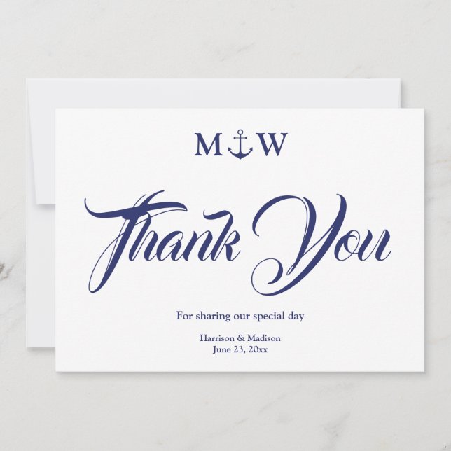 Nautical navy blue monogram Wedding Thank You card (Front)